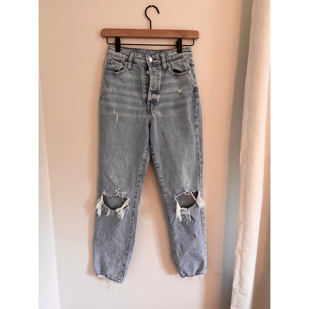 HM Denim Ultra High‎ Waist Mom Jeans Light Wash Distressed Blue US 2
